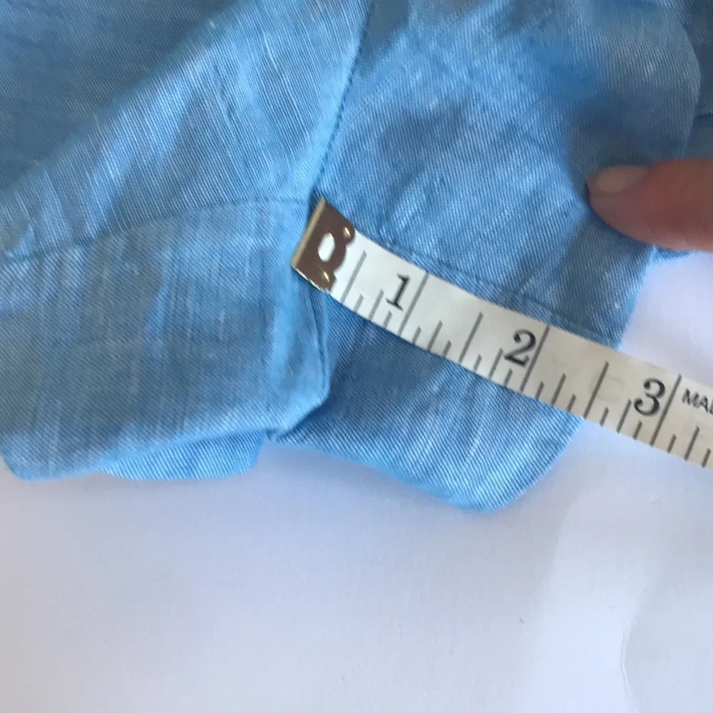 J. Crew Linen Short Sleeve Scallop Trim Scoop Neck Romper Chambray Blue Sz M NWT